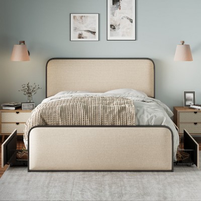 Lyngins Modern Metal Platform Bed with Curved Upholstered Headboard & Footboard, Bed Frame with Under Bed Storage, Heavy Duty Metal Slats
