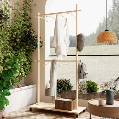 KTMBDW Clothing Rack with 6 Wooden Hangers & Casters, Adjustable Wood Clothing Rack for Hanging Clothes, Dresses, Coats, Large Load Capacity