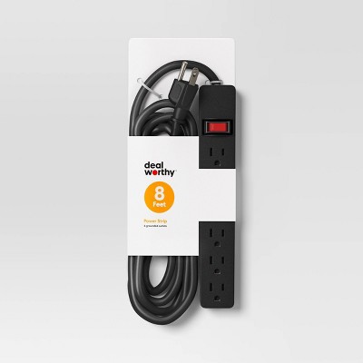 8’ 6 Outlet Indoor Power Strip Black – Dealworthy™: 15A, 1875W, 14 AWG, 8ft Extension Cord, 3 Conductors