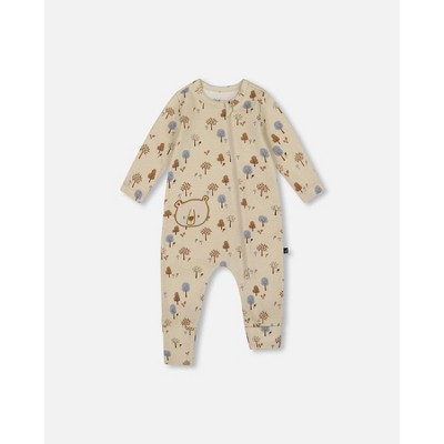 Deux par Deux Boy Organic Cotton Zipped Romper Beige Tree Print