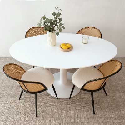 5-piece Oval Dining Table Set for 4, 59" Oval Dining Table with 4 White Boucle Fabric Mesh Rattan Backrest Chair, Dining Room Furniture-Maison Boucle