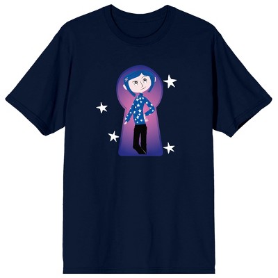 Coraline Coraline in Key Hole Frame White Stars on Navy Ground Adult Crew Neck Short Sleeve T-shirt