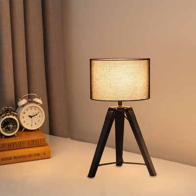 18" Industrial Wood Tripod Table Lamp with Linen Drum Shade and Metal Accents for Bedroom, Living Room, Study, or Hotel