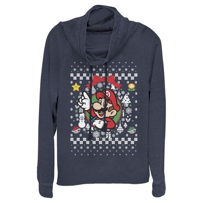 Juniors Womens Nintendo Ugly Christmas Mario Wreath Cowl Neck Sweatshirt