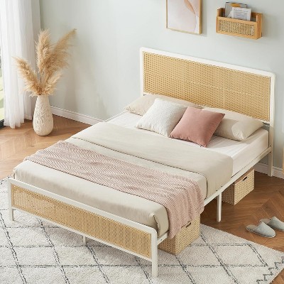 Rattan Platform Bed Frame With Headboard, Modern Style Cane Boho Bed Frames With Heavy Duty Sturdy Steel Slat Support, No Box Spring Needed