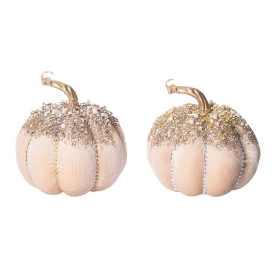 Transpac Plush Champagne Bejeweled Pumpkin Set of 2 - Fall Decorative Objects for Home Decor and Seasonal Styling