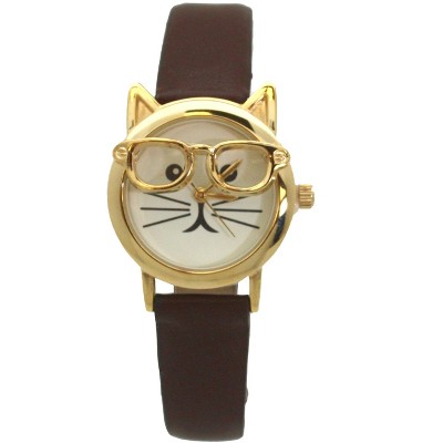 OLIVIA PRATT CAT FACE LEATHER STRAP WATCH