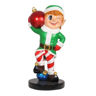 Garden Elements Fiberglass Christmas Figurine Statue Yard Decoration, Elf Holding Red Ornament Ball, 37"