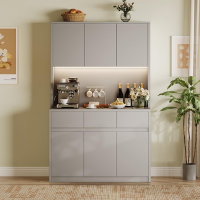71" Kitchen Pantry Cabinet with LED Lights & Charging Station, Adjustable Shelves, Handless Buffet Hutch, Microwave Stand