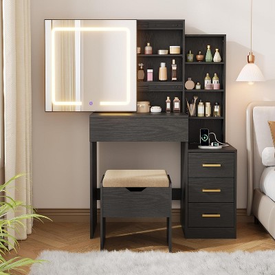 Garvee Vanity Desk with Mirror and Lights, Vanity Table and Chair Set with 4 Drawers and Charging Station, Dresser LED Sliding Mirror