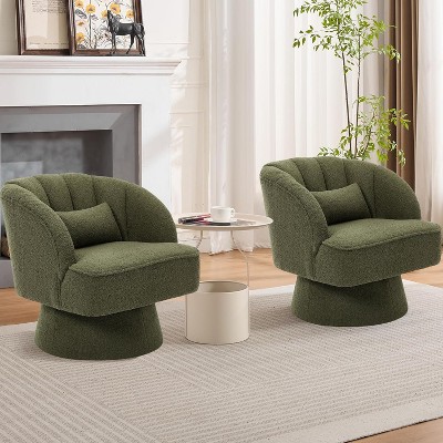 Modern Swivel Barrel Accent Chair, 360 Degree Velvet Upholstered Armchair with Striped Backrest & Plush Padding, Comfy Round Lounge Chair, 2 PCS