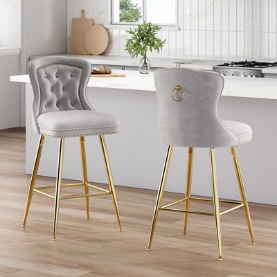 APRILSOUL26.00"Bar Stools Set of 2, Velvet Counter Height Bar Stools with Metal Legs, Button Tufted and Nailheads Trim