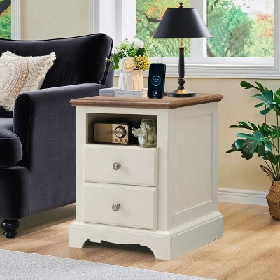 18" Vintage Nightstand with Charging Station, End Table Side Table with 2 Drawers for Bedroom, Living Room