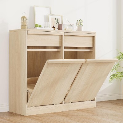 COZONY Tilt Out Trash Cabinet, Natural Wood Hidden Garbage Can Cabinet for 10/20 Gallon Bins, Pet-Proof Modern Trash Cabinet
