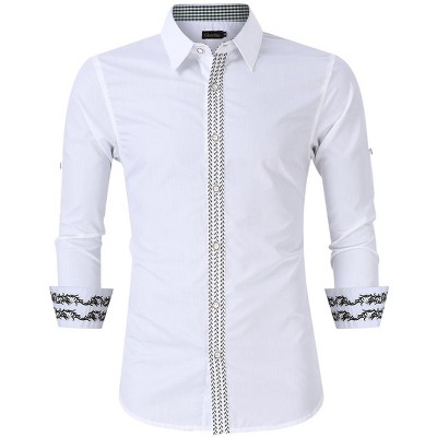 Men's Classic White Vintage Long Sleeve Shirt with Embroidery Detail Button Front Roll-Up Sleeves