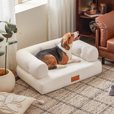 ATJafurn 33.9" Large Dog Couch White Faux Cashmere Pet Sofa for Large and Medium Dogs with Nameplate for Living Room Bedroom