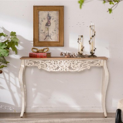 ORRD Antique White Console Table, Vintage French Country Entry Table with Carved Details & Curved Legs