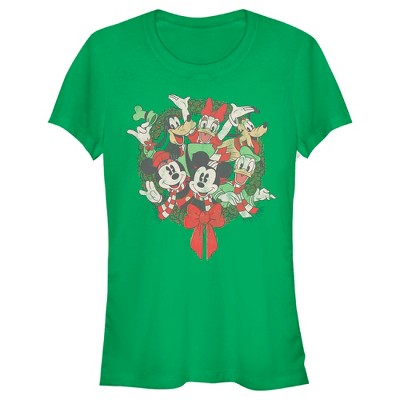 Juniors Womens Mickey & Friends Christmas Group Shot Wreath T-Shirt