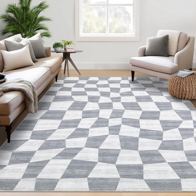 Washable Non Slip Grey Plaid Rug - Soft Large Checkered Carpet for Living Room, Bedroom, Dining Room, Nursery