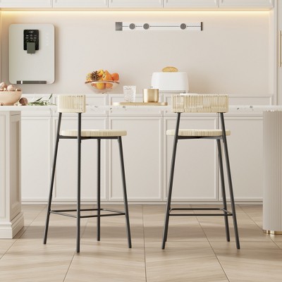KWPZQEB Bar Stools Set of 2, Handwoven Paper Rope Bar Stools with Metal Frame, Round Dining Pub Chairs with Footrest for Kitchen Island, Dining Room