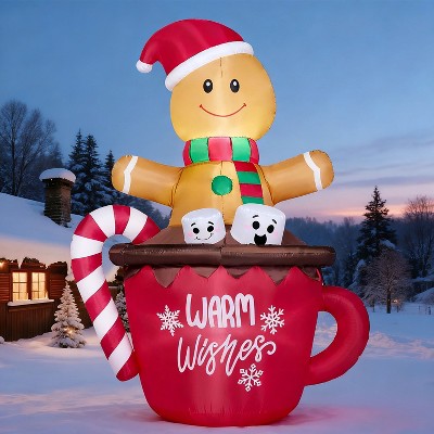 Joyfy 6FT Tall Christmas Inflatable Outdoor Decoration, Inflatable Gingerbread Man in Hot Cocoa Mug with LEDs for Xmas Party Indoor Outdoor Yard Decor