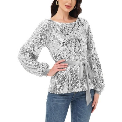 Anna-Kaci Women's Sequin Party Tie Waist Fashion Sweatshirt Pullover Top
