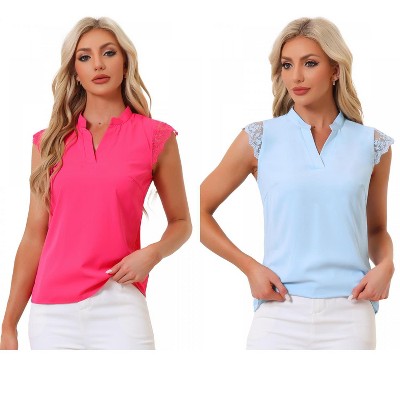 INSPIRE CHIC Women's Work Office V Neck Stand Collar Lace Cap Sleeve Basic Blouse 2 Pieces