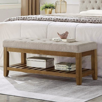 Aoibox Large Rectangular Upholstered Tufted Linen Fabric Ottoman Bench with Padded Seat and Solid Wood Shelf
