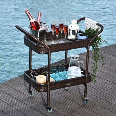 MOEPISY Outdoor Rattan Wicker Serving Cart with 2-Tier Open Shelf, Outdoor Wheeled Bar Cart with Brakes