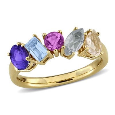 EVERLY JEWELRY | Yellow Plated Sterling Silver 1 4/5 CT TGW Tanzanite Sky Blue Topaz Pink Amethyst Green Quartz Morganite Fashion Ring