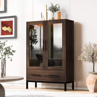 ORRD 60" Tall Walnut Display Cabinet with Glass Door, LED Light, 2 Drawers & Adjustable Shelves