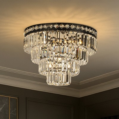 ALOADECOR 18'' Modern Classic Crystal Flush Mount With Matte Black Finish 4-Light Tiered Ceiling Light For Dining Room Foyer Bedroom