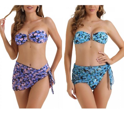 INSPIRE CHIC Women's Floral Print Bandeau Tie Back Swimwear Triangle Bottoms Bathing Bikini Suits 3 Pieces 2 Sets
