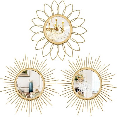 Attop 3-Pack Gold Sunburst Wall Mirrors 12 Inch Decorative Hanging Mirrors with Flower Design for Living Room Bedroom Entryway