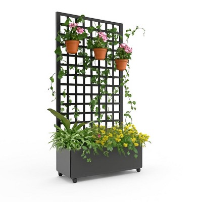 Metal Planter Box with Trellis, Raised Garden Bed on Wheels, Galvanized Planter for Climbing Plants & Vines, 72"x35" Black