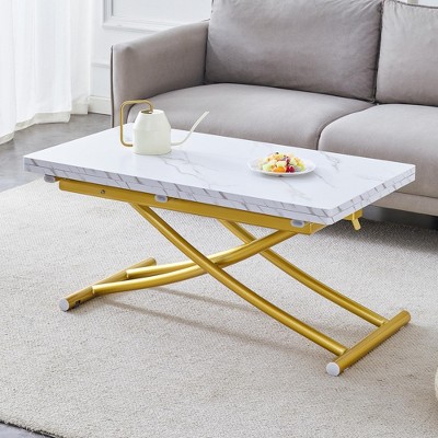 Modern multifunctional lift table,and golden metal legs,can be used as a dressing table, coffee table, dining table, and office table