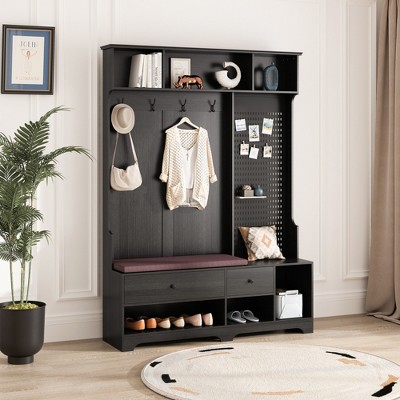 TIRAMISUBEST 4-in-1 Hall Tree with Cushioned Bench & Pegboard - Entryway Organizer, Black