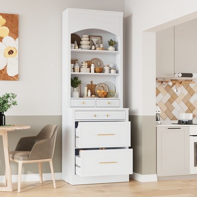 LOVSON Modern 83.7inch High Kitchen Pantry,Display Cupboard Cabinet with 5 Storage Drawers and Adjustable Shelf, White