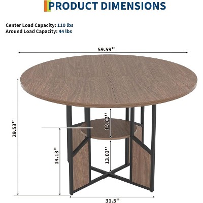 59" Round Dining Table for 4-6 People with Pedestal Base and Adjustable Feet, Space Saving Farmhouse Kitchen & Dining Room Table
