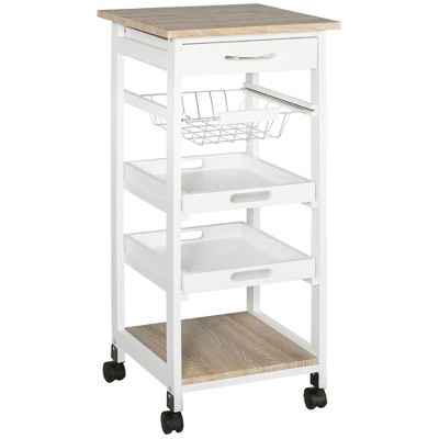 MOEPISY Solid Wood Frame Utility Cart with Wire Fruit Baskets, Trays and Drawer