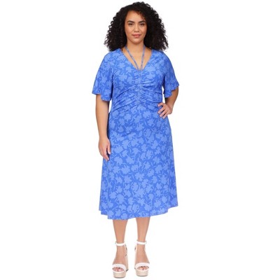 Michael Kors Womens Floral Print Tie V Neck Ruched Midi Dress