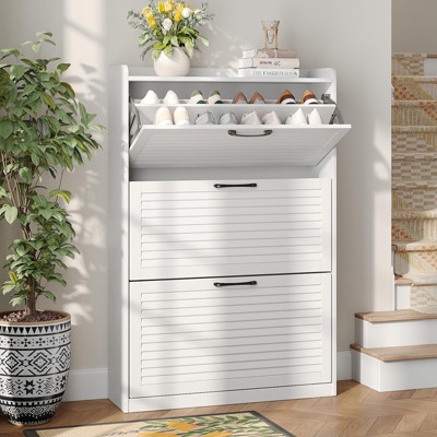 Shoe Cabinet with Flip Louvered Doors, Narrow Shoe Rack with Metal Hinges