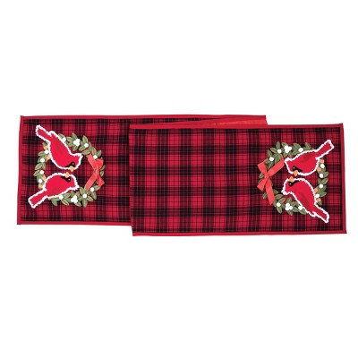 C&F Home Christmas Holiday Red Cardinal w/ Wreath Red & Black Plaid Cotton Table Runner 13" x 72"