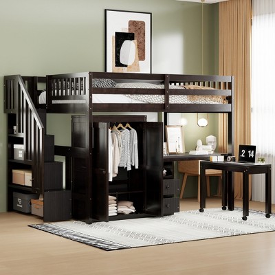 Full Size Loft Bed with Stairs, Bookshelf and Drawers