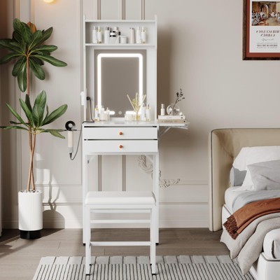 Small Makeup Vanity Desk set with Mirror, Stool, Adjustable Lighted,2 Drawers,Hair Dryer Holder,Fold-Up Panel, for Small Bedrooms and Corner