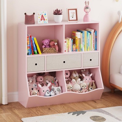 3-Tier Toy Storage Organizer with Drawers & 4 Cubbies - Freestanding Kids Bookcase for Playroom, Nursery, Kindergarten