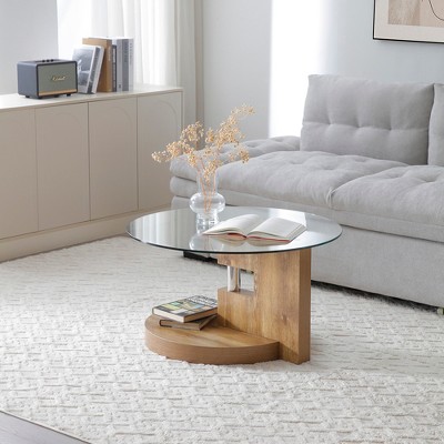 GDFStudio Dunn 34.5" Double-Layer Round Wood and Glass Coffee Table