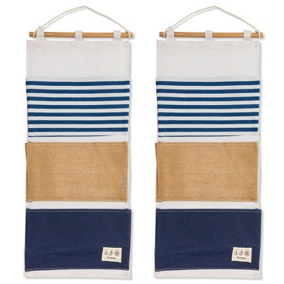 Juvale 2-Pack Over the Door Closet Wall Hanging Organizer, Wall Mounted Storage Bag Case 3 Pockets Lined Cotton Fabric, 11.75”x27”