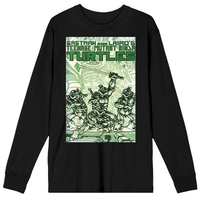 TMNT Comic Origins Green Comic Art Crew Neck Long Sleeve Black Adult Tee