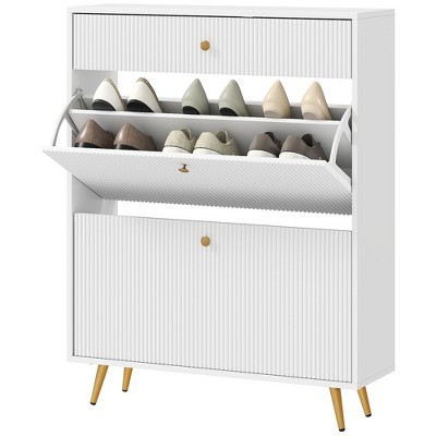 Munora Narrow Shoe Storage Cabinet with Wave-like Panels and Adjustable Shelves for 12 Pairs of Shoes, White